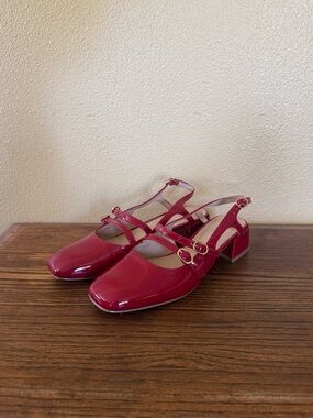 Coutgo Women's Red Mary Jane Chunky Low Heel Slingback Pumps - Size 7.5